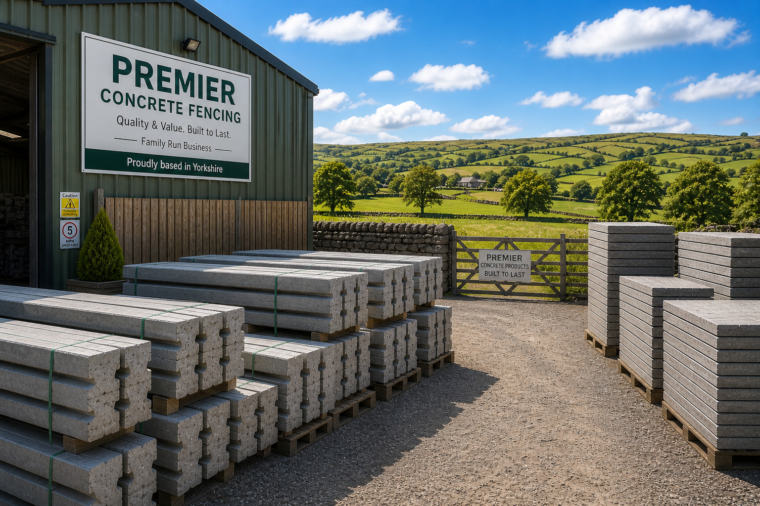 Premier Concrete Fencing yard near Gainsborough, North Lincolnshire, stocked with concrete fence posts and slabs
