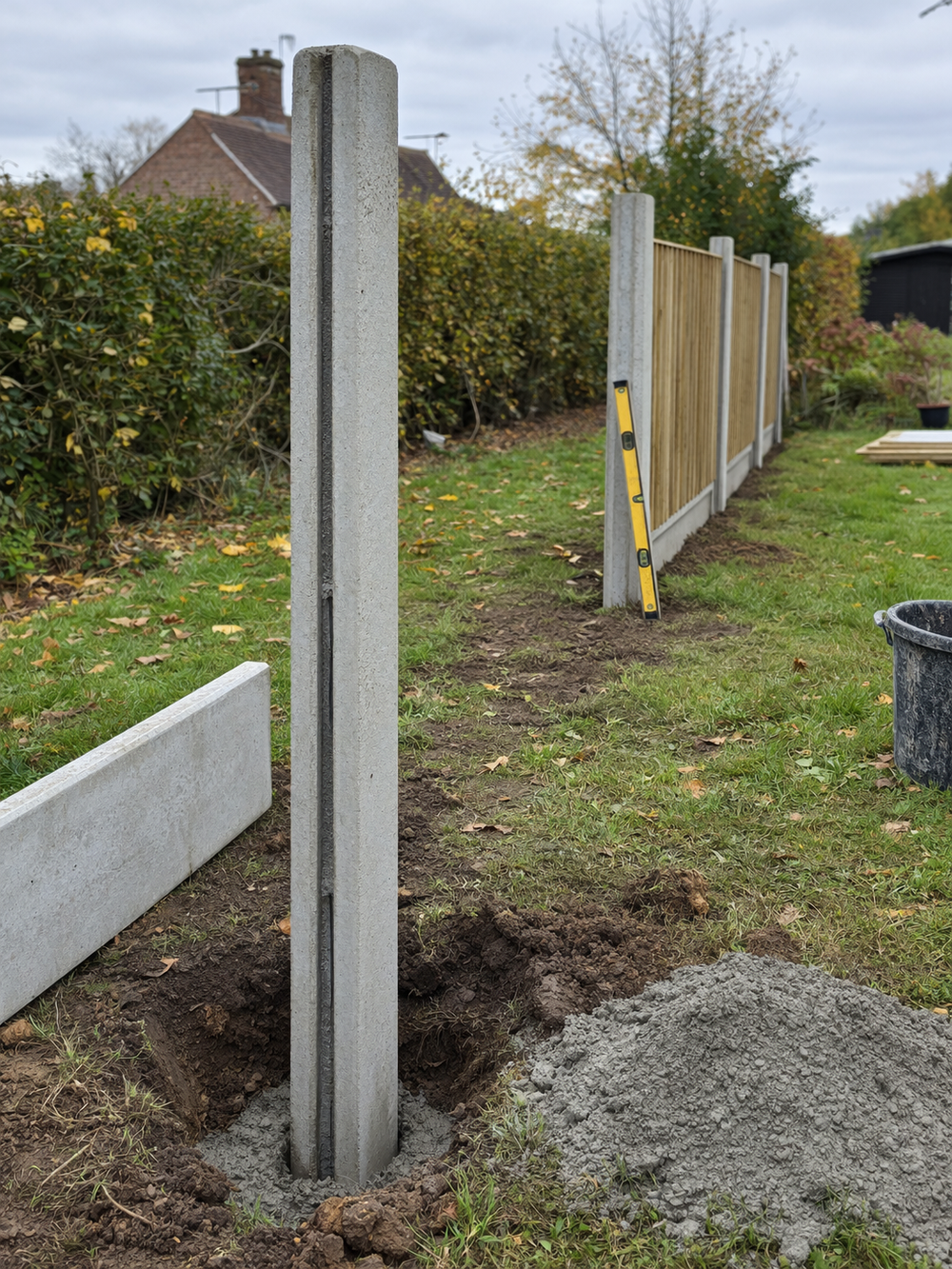 Concrete fence posts being installed into ground before winter near Gainsborough, Lincolnshire