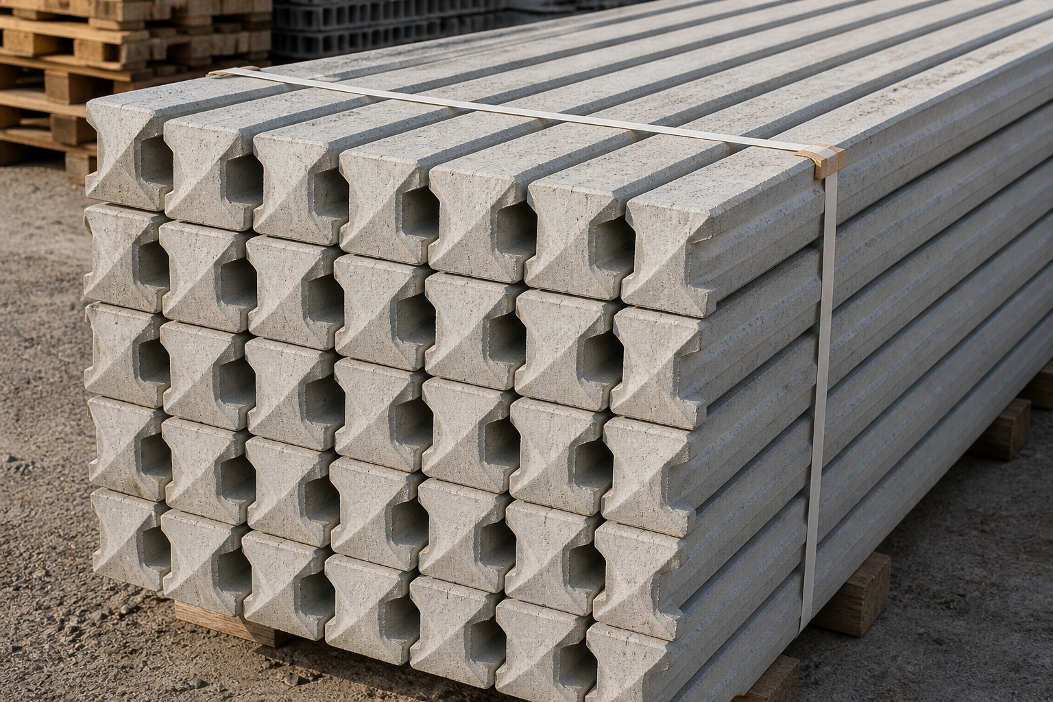 Slotted steel-reinforced concrete fence posts stacked at Premier Concrete Fencing yard in Near Gainsborough, North Lincolnshire