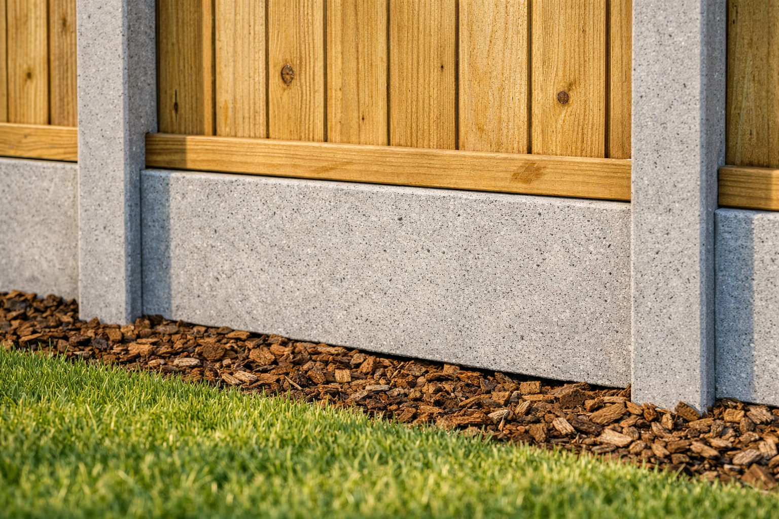 Concrete gravel boards slotted into the base of a garden fence, protecting fence panels from ground rot