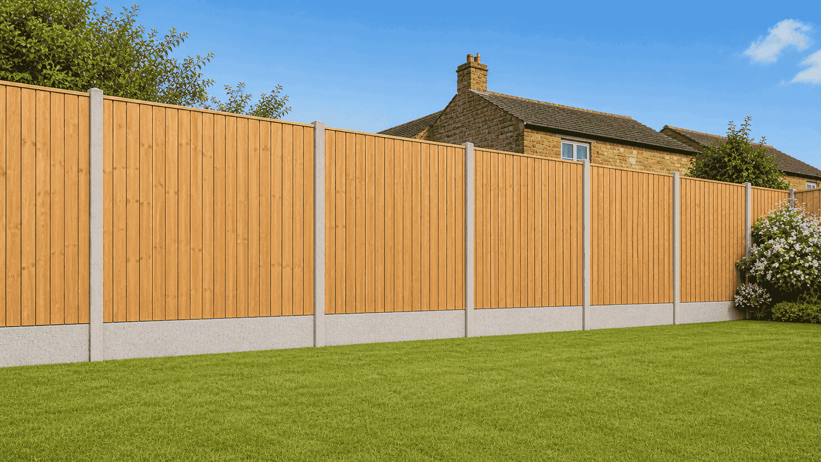 Concrete fencing on a slope with stepped panels and gravel boards