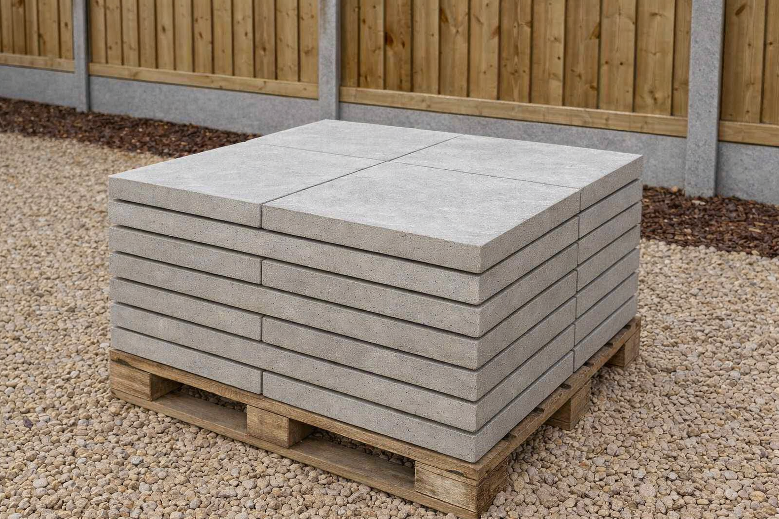 Flat concrete paving slabs stacked ready for delivery across South Yorkshire, North Lincolnshire and North Nottinghamshire