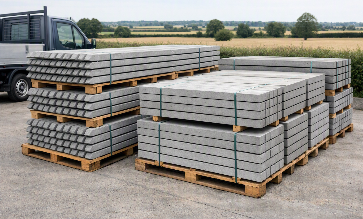 Stacked concrete fence posts ready for a farm or rural boundary delivery near Gainsborough, Lincolnshire