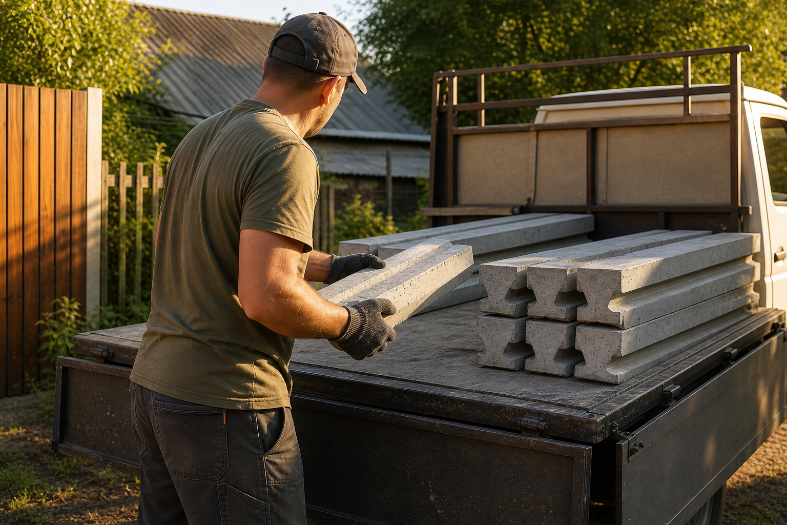 Premier Concrete Fencing delivery driver loading concrete fence posts onto a truck